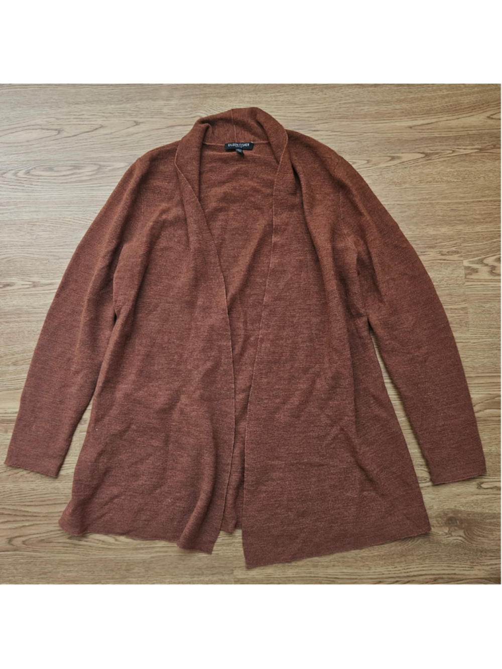 Eileen Fisher Rust Brown Merino Wool Italian Yarn Open Cardigan Womens PM